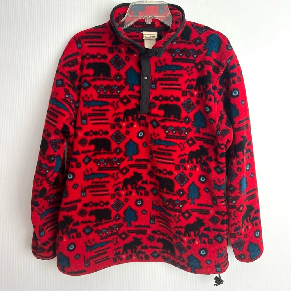L.L. Bean Red and Black Patterned Fleece Pullover